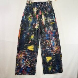 NWOT Y2K Jeans Denim Wide Leg Artistic Paint Splatter Cargo Boho Streetwear Sz S